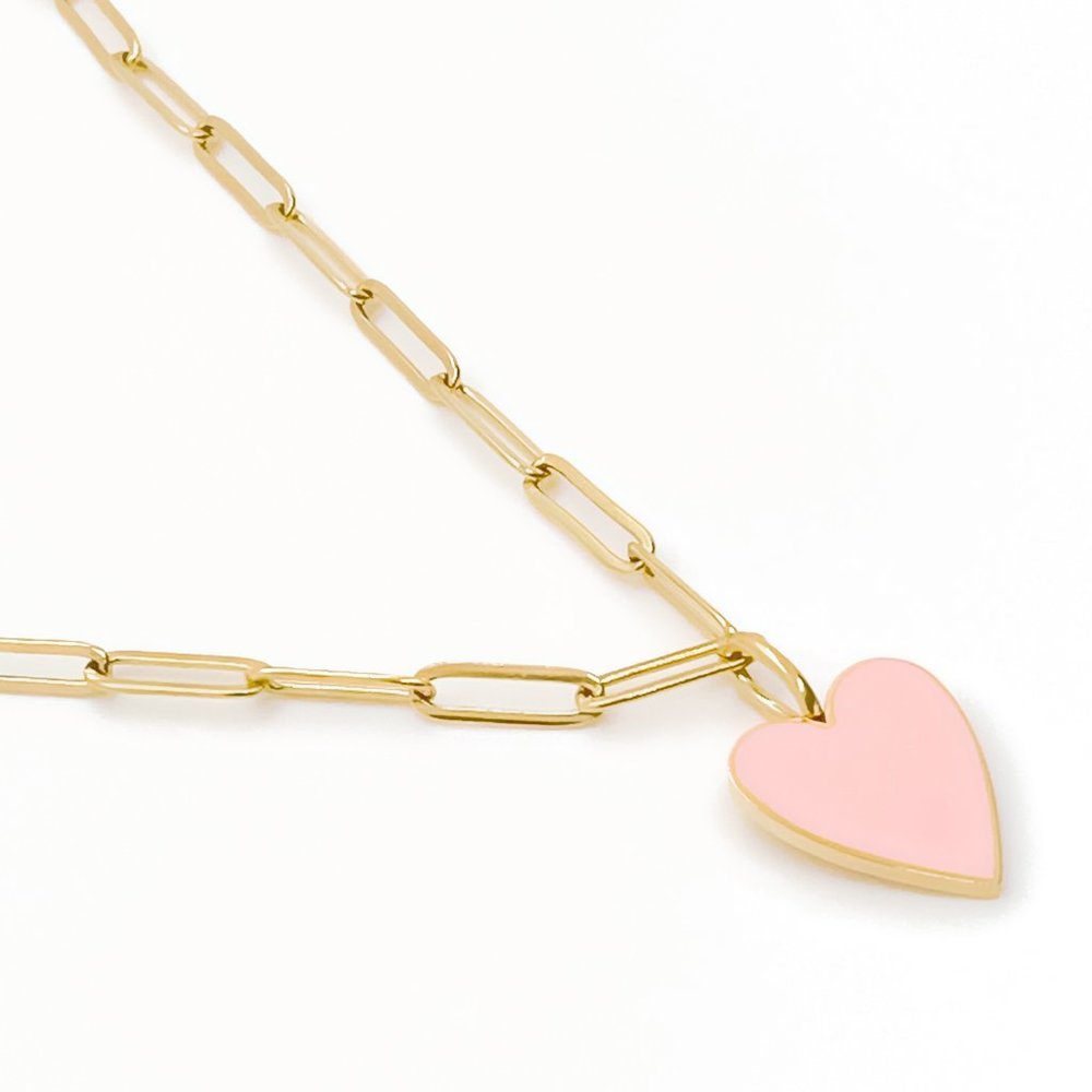 Pink Heart Necklace | 18K Gold Paper Clip Chain | Valentine Gift